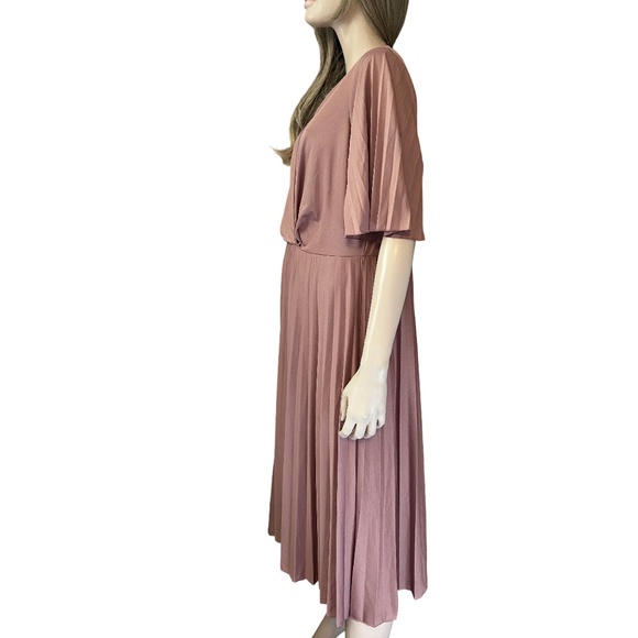 ASOS Dress Simply Be Pleated Kimono Sleeve Deep V Neck Midi Skater Rose Pink - Picture 4 of 14